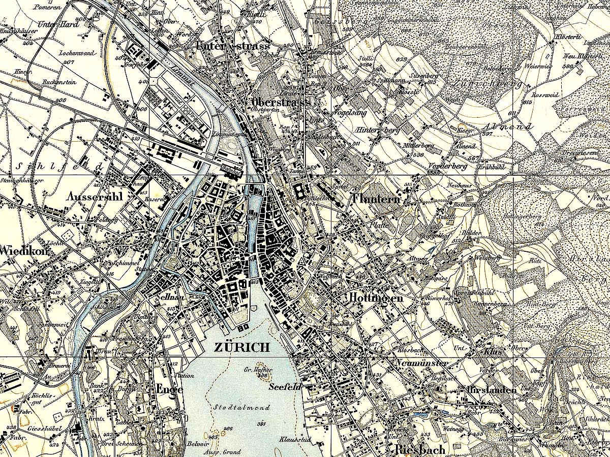 Enlarged view: Zurich Siegfried map from 1881 (CC0 by Eidgenoessisches Stabsbureau via Wikimedia Commons)
