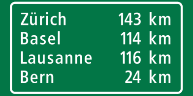 Distance sign on Swiss motorways