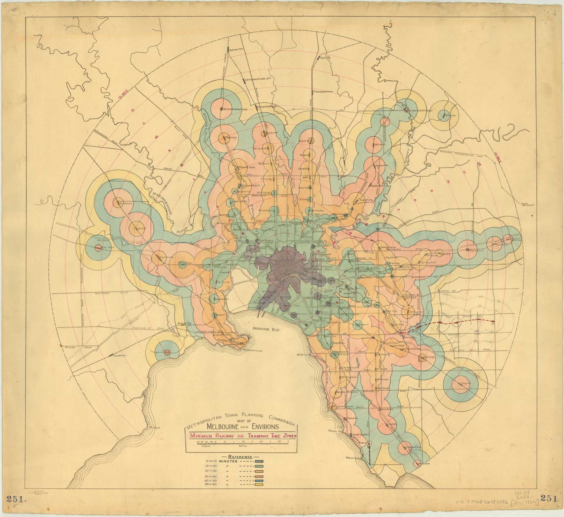 Enlarged view: Isochrone map of Melbourne travel times to the city centre by tram or train between 1910 and 1922 (CC0 1.0 by the Melbourne and Metropolitan Tramways Board via Wikimedia Commons)