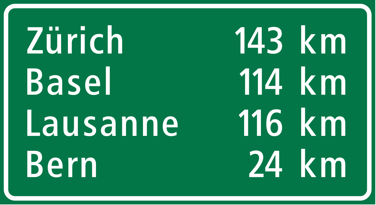 Vergrösserte Ansicht: Entfernungstafel auf Schweizer Autobahnen (CC0 1.0 by ASTRA via Wikimedia Commons)