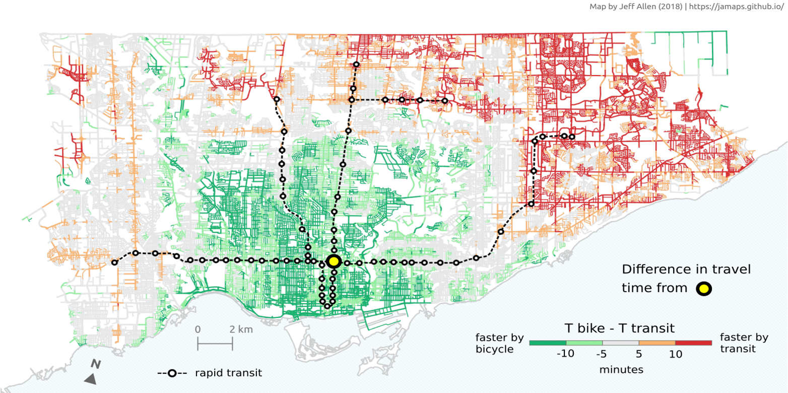 Enlarged view: Toronto travel times from downtown ( CC BY-SA 4.0 / J. Allen via Wikimedia Commons)
