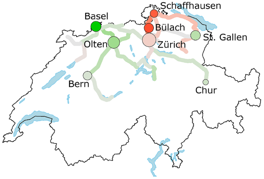 Enlarged view: Effects across Switzerland :&nbsp; Delays and numbers of observed trains ( CC-BY 4.0 / B. B ü chel et Al.)