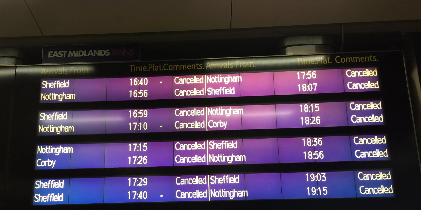 Enlarged view: Arrival board, East Midlands Trains (Photo: Wilbur's Travels )