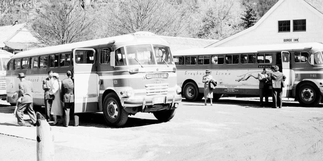 Enlarged view: Greyhound buses at Gorge Inn, 1952 (CC BY 2.0 by Seattle Municipal Archives via flickr)