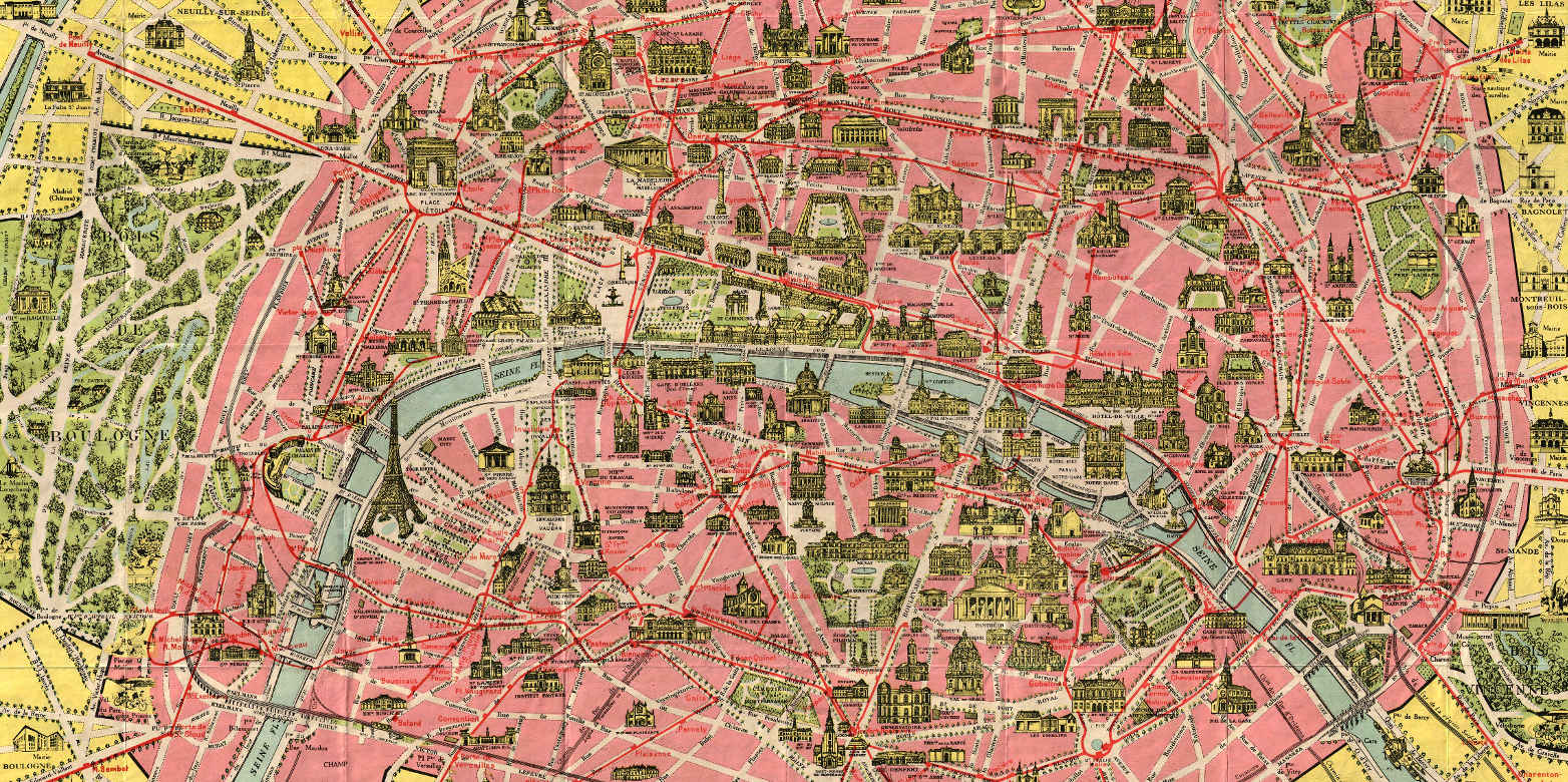 Vergrösserte Ansicht: Nouveau Paris Monumental Tourist Pocket Karte von Paris ( CC0 1.0 / Geographicus Rare Antique Maps via Wikimedia Commons)